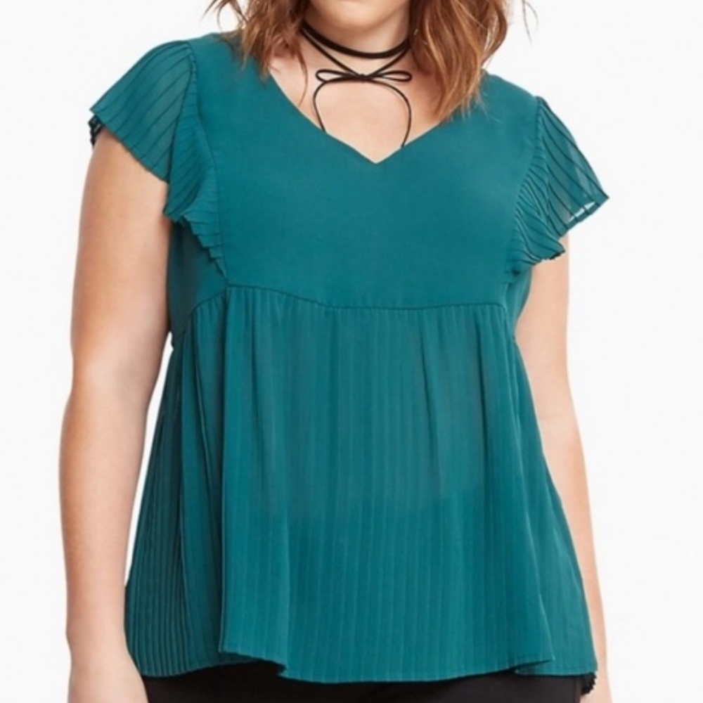 Teal V-Neck Pleated Flutter Sleeve Women's Top